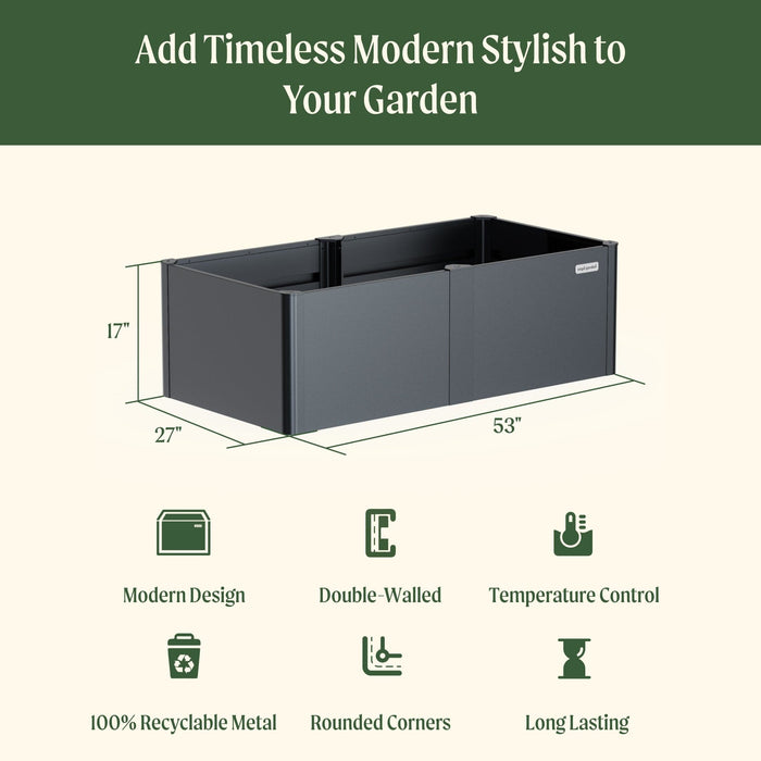 Stylish dark grey metal raised garden bed, 17"H x 27"W x 53"L. Modern, double-walled, recyclable, temperature control.