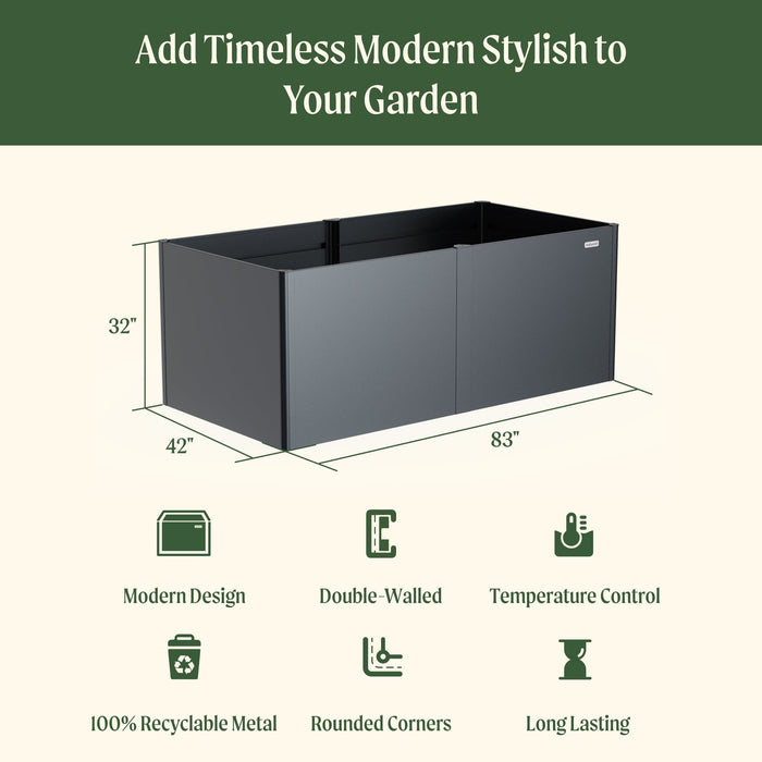 Modern dark gray metal raised garden bed, 83"x42"x32". Double-walled, temperature control, recyclable, durable planter.