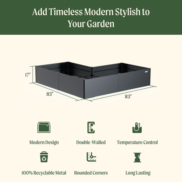 L-shaped metal raised garden bed, 83x83x17 inches. Modern, double-walled, recyclable, durable for stylish garden planting.