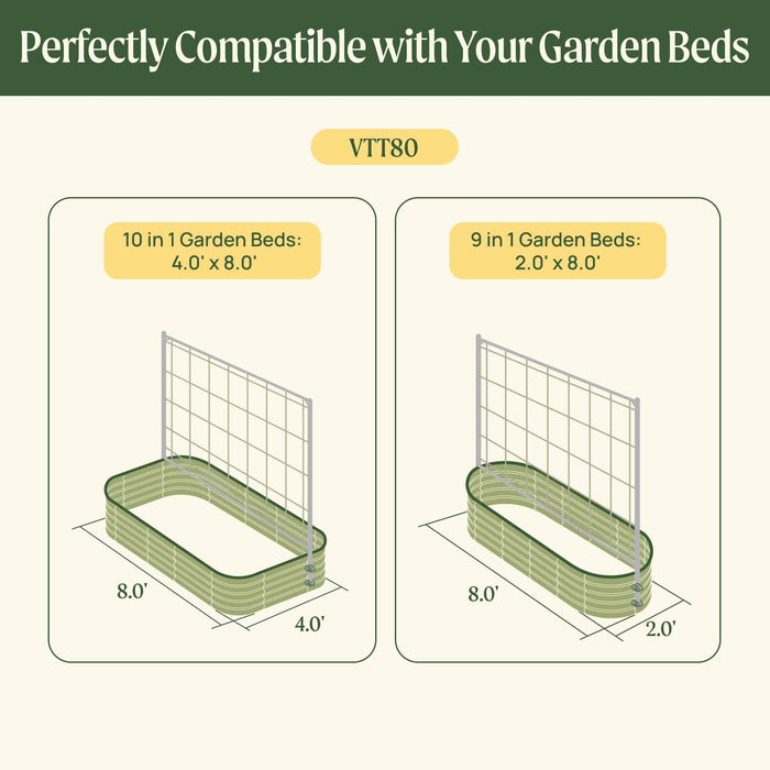 VTT80 raised beds with trellis: 10-in-1 (4'x8') and 9-in-1 (2'x8') corrugated metal designs for garden compatibility.