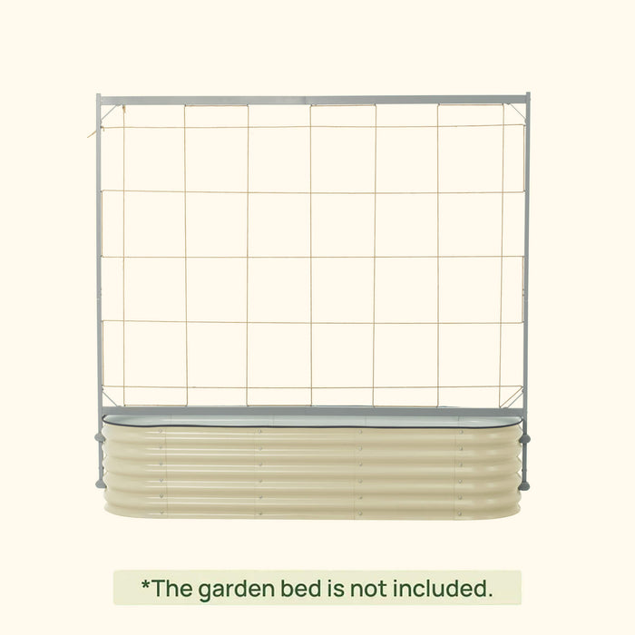 Grey metal garden trellis with string grid for climbing plants, ideal for vertical gardening above raised beds.