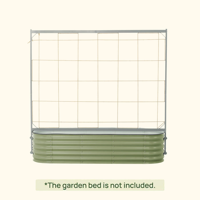 Metal garden trellis with string grid, designed to sit on a raised garden bed for climbing plants and vegetables.