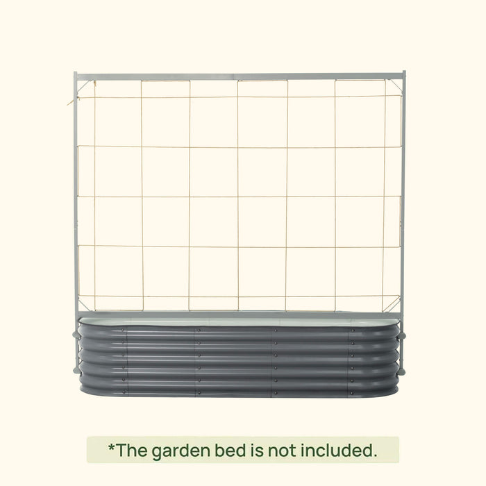Sturdy gray metal garden trellis with adjustable string grid for vine plants and raised garden beds.