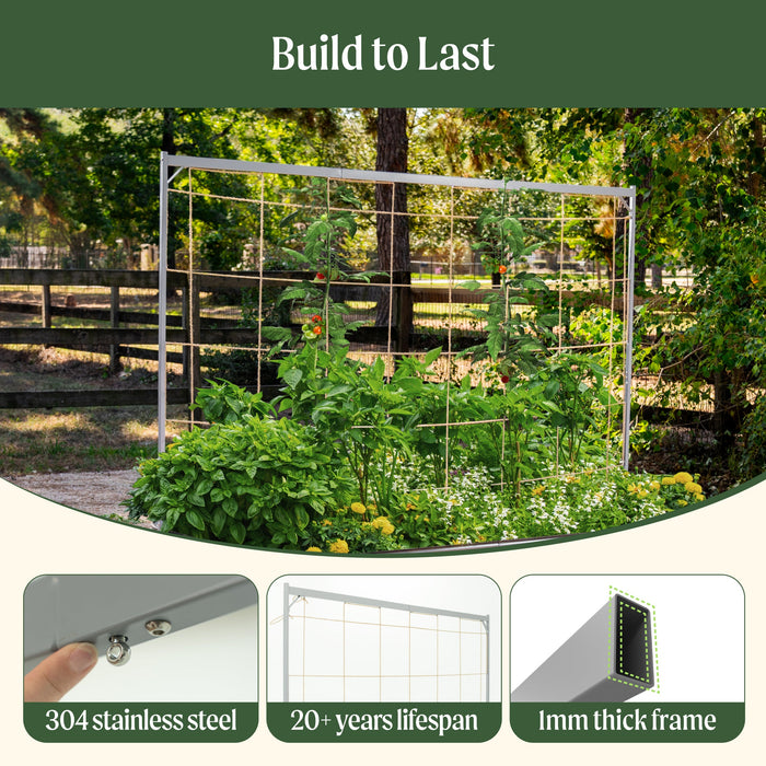 Sturdy 304 stainless steel garden trellis with 1mm thick frame supports climbing tomato plants & vegetables for 20+ years.