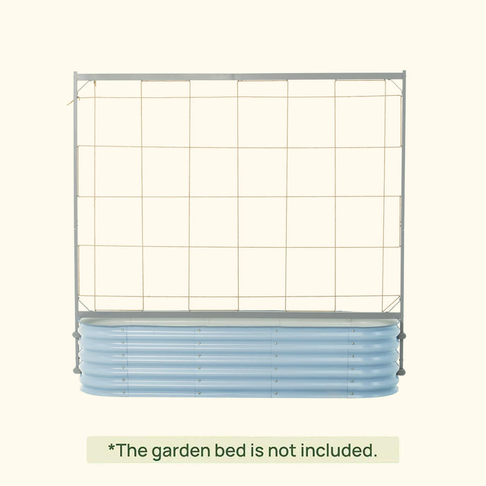 Gray metal garden trellis with string grid, shown attached to a light blue raised garden bed for vertical plant support.