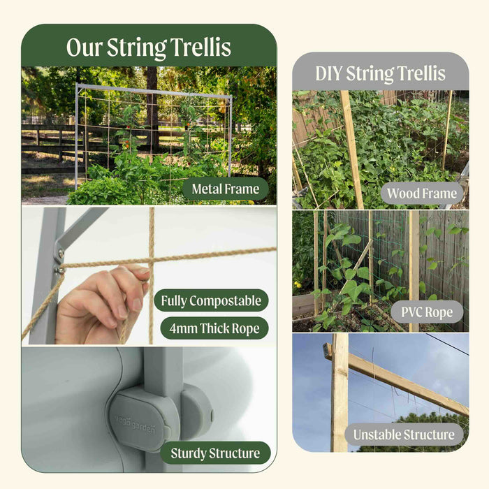 Comparing sturdy Vego Garden metal string trellis, compostable rope, to unstable DIY wood and PVC garden trellises.