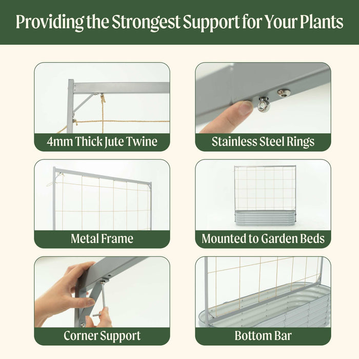 Durable metal plant trellis system for raised garden beds, featuring jute twine, steel rings, and strong corner support.