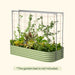 Metal garden trellis with rope grid supporting climbing vines and plants, set in a light green raised bed.