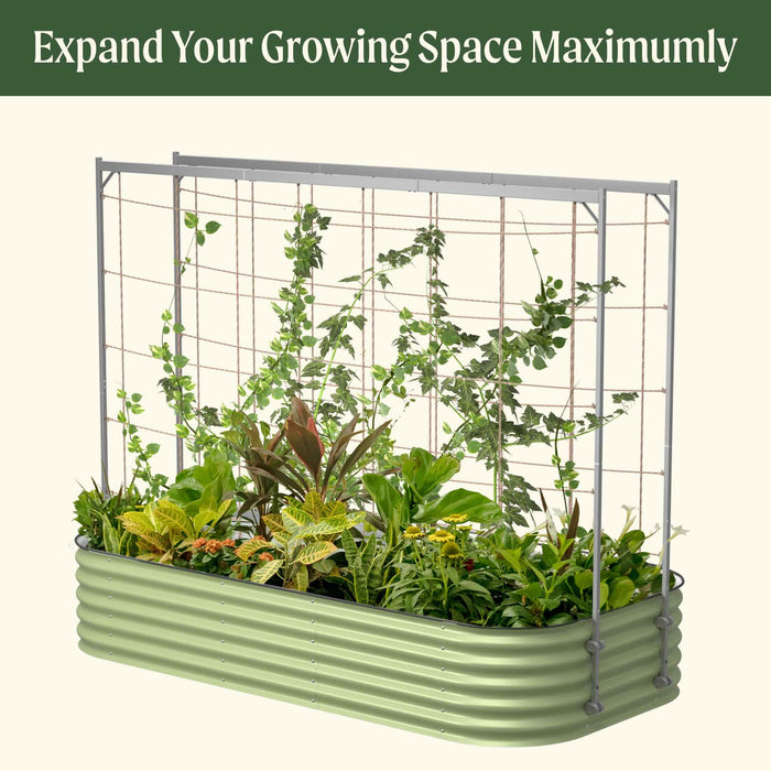 Green corrugated metal raised garden bed with integrated trellis, filled with lush climbing plants and vibrant flowers.