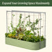Green corrugated metal raised garden bed with integrated trellis, filled with lush climbing plants and vibrant flowers.