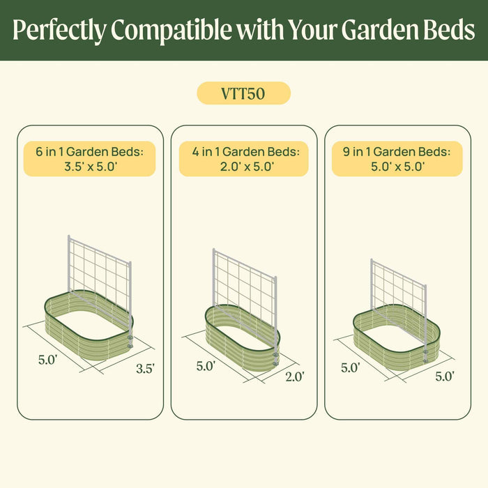VTT50 versatile raised garden beds with trellises. Shows 6-in-1 (3.5'x5'), 4-in-1 (2'x5'), and 9-in-1 (5'x5') configurations.
