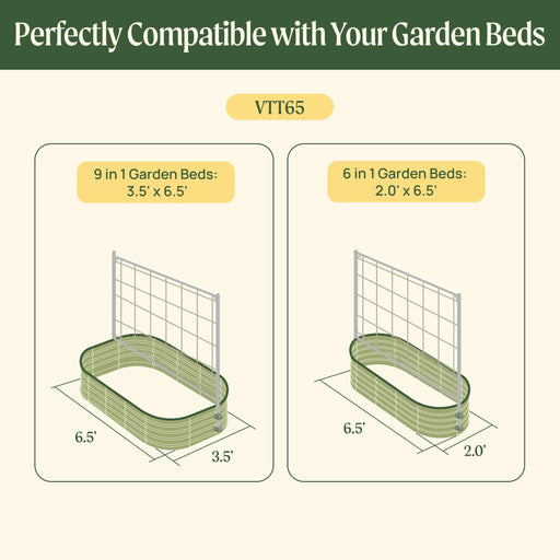 VTT65 trellis compatible with 9-in-1 (3.5'x6.5') and 6-in-1 (2.0'x6.5') raised garden beds.