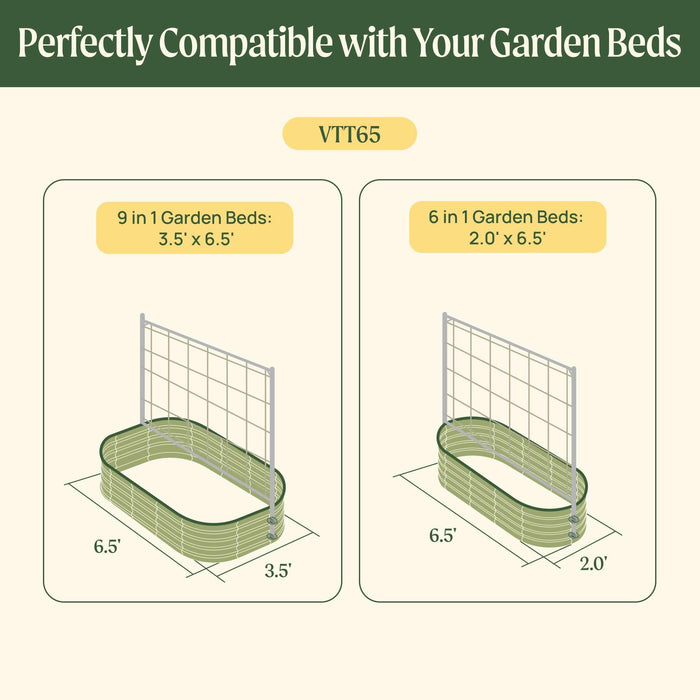 VTT65 trellis compatible with 9-in-1 (3.5'x6.5') and 6-in-1 (2.0'x6.5') raised garden beds.
