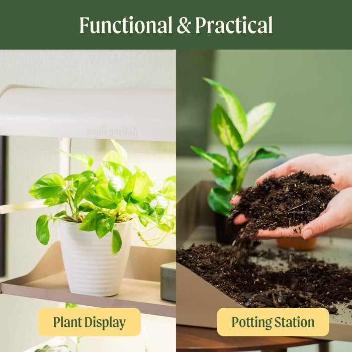 Functional Vego Garden plant display with grow light & practical potting station for indoor plant care.