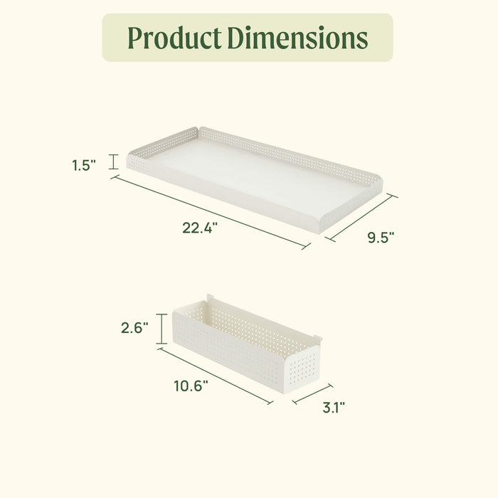 White perforated rectangular storage tray (22.4"L x 9.5"W x 1.5"H) and bin (10.6"L x 3.1"W x 2.6"H).