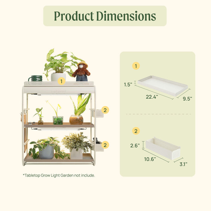 Vego Garden grow light shelf product dimensions, including plant tray (22.4x9.5x1.5") and storage basket (10.6x3.1x2.6").