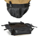 Black fabric soil tray with dirt, beneath a tan protective boot gaiter with buckles. Gardening, planting, debris catcher.