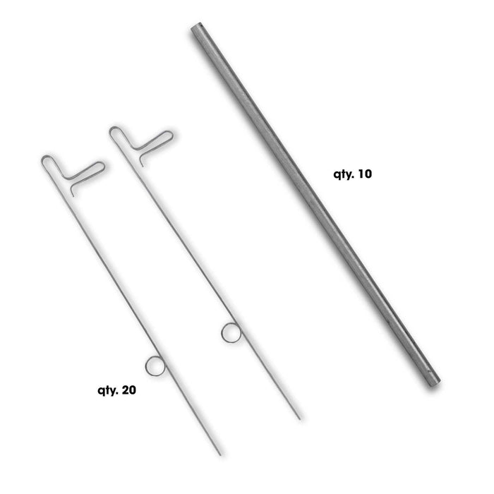 Twenty T-hook metal wires with loops and ten straight metal rods.