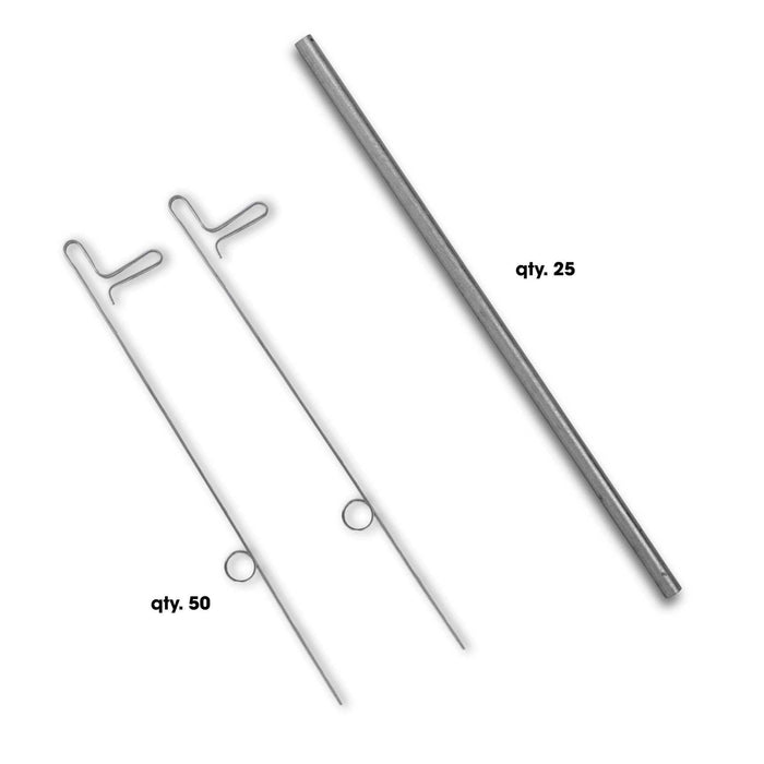 Silver metal garden stakes: 50 T-handle plant supports with loops & 25 plain steel rods.