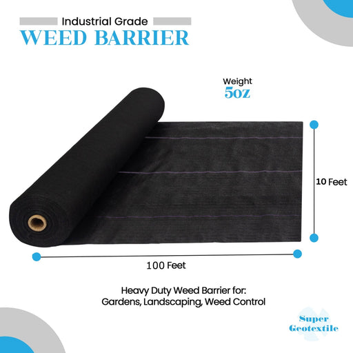 Black industrial grade 5oz weed barrier roll, 10x100 ft. Heavy duty geotextile for landscaping & garden weed control.