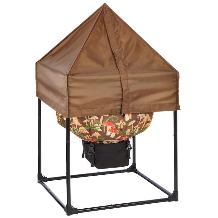 Mushroom print worm composter with brown canopy and black frame. Efficient garden composting solution.