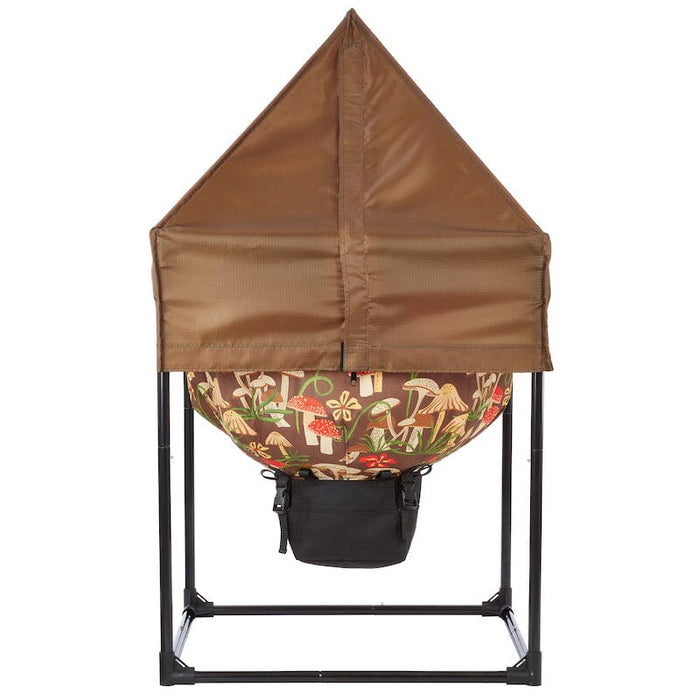 Outdoor vermicomposter: brown pyramidal cover, mushroom print fabric bin, black stand, leachate collection bag.