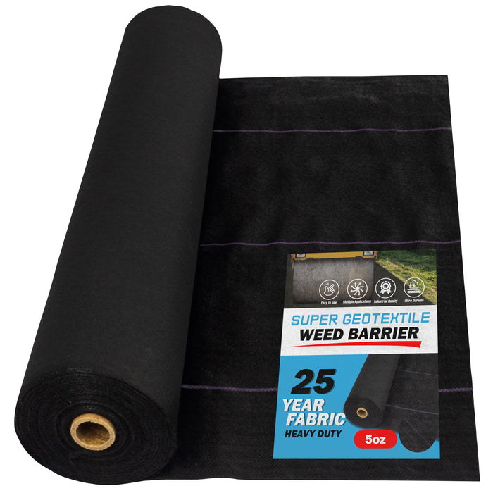 Black Super Geotextile Weed Barrier fabric roll, heavy-duty 5oz, 25-year durable landscape ground cover with purple lines.