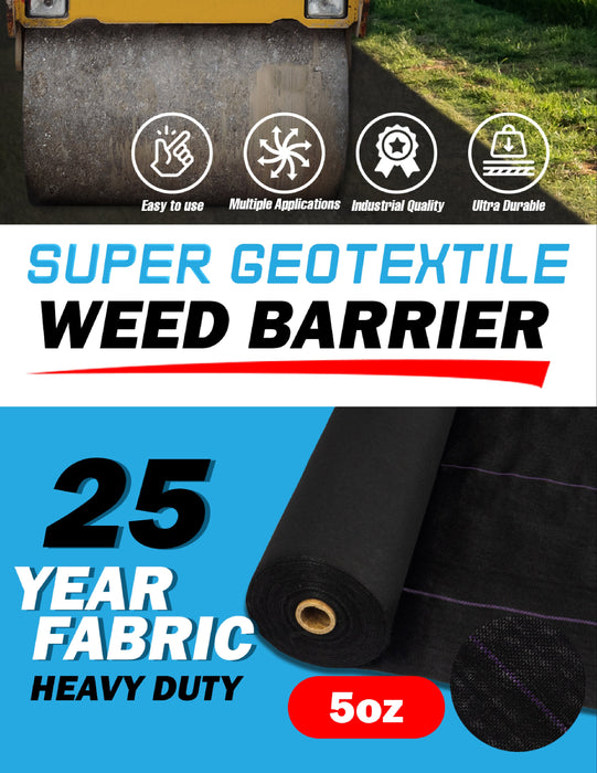 Super Geotextile Weed Barrier: 25 Year Heavy Duty 5oz landscape fabric roll. Durable, easy to use for gardening & construction.