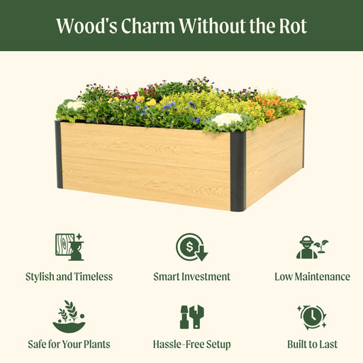 Durable wood-look raised garden bed with colorful flowers and plants, for stylish, low-maintenance gardening.
