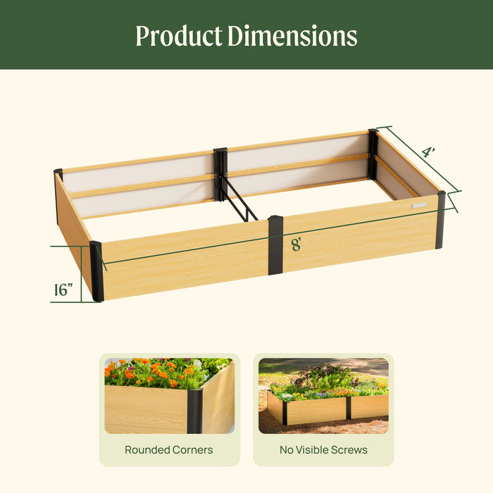 8'x4'x16" raised garden bed with light wood grain finish, black rounded corners, and no visible screws. Ideal outdoor planter box.