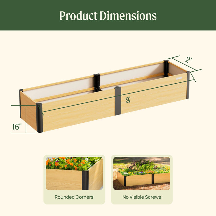 Wooden raised garden bed dimensions: 8'L x 2'W x 16"H. Rounded corners and no visible screws for sleek outdoor planting.
