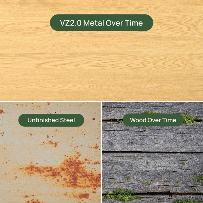 VZ2.0 metal durability: pristine wood texture (top), rusted unfinished steel (bottom left), and weathered mossy wood (bottom right).