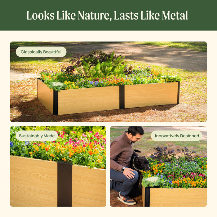 Durable wood-look metal raised garden bed, vibrant with flowers. Long-lasting outdoor planter for beautiful home gardens.