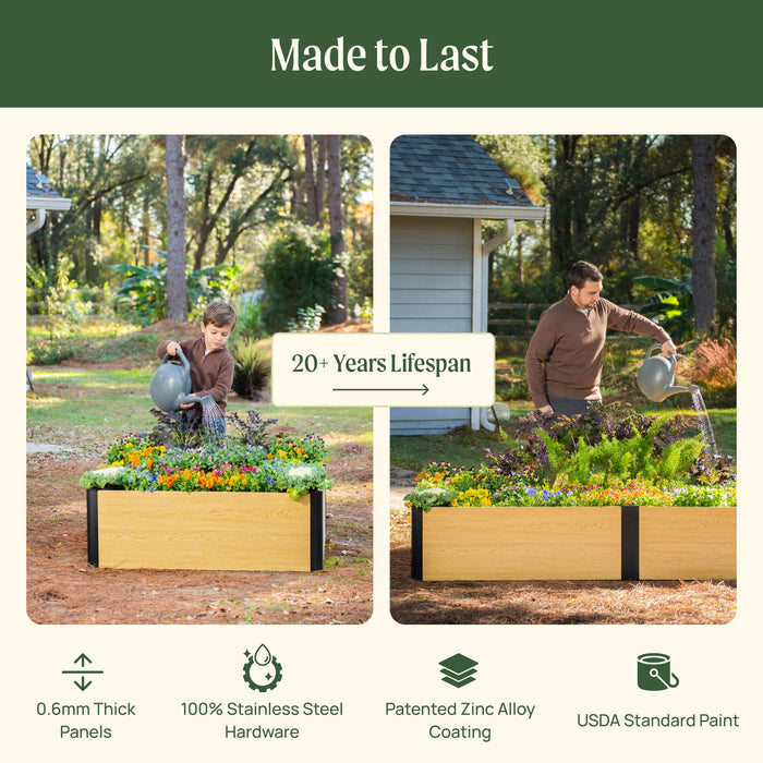 Boy and man watering vibrant flowers in durable wood and metal raised garden beds, built for a 20+ year lifespan.