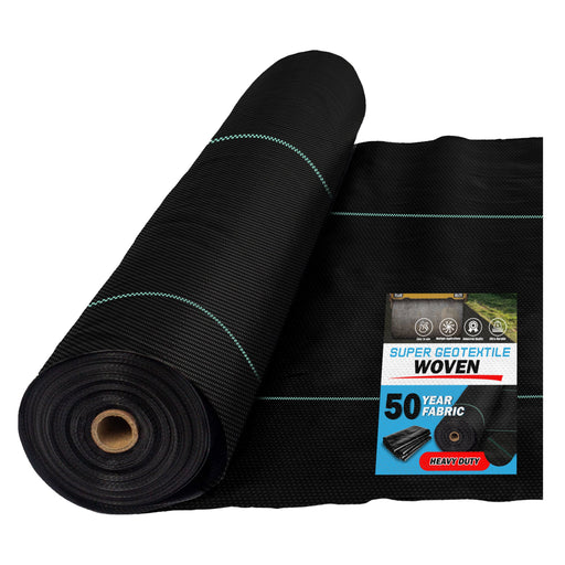 Black woven geotextile fabric roll with green lines, 50-year heavy duty weed barrier for landscaping and garden.