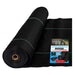Black woven geotextile fabric roll with green lines, 50-year heavy duty weed barrier for landscaping and garden.