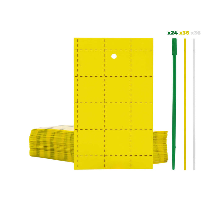 Perforated yellow sticky insect traps with mounting stakes for pest control, catching flies, gnats, and plant protection.