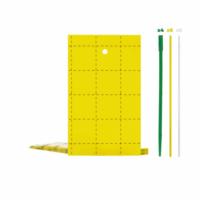 Perforated yellow sticky insect traps with green pointed stakes, yellow & white flat sticks for garden pest control.
