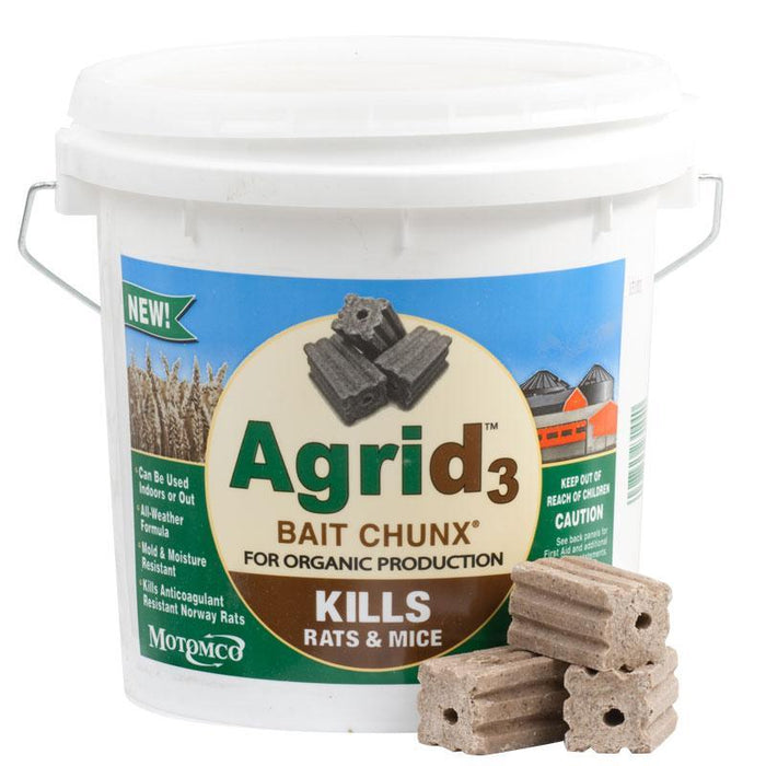 Agrid3 Bait Chunx organic rat and mouse killer. Motomco rodenticide bucket, all-weather blocks for pest control.