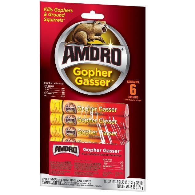 Amdro Gopher Gasser 6-pack, red and yellow box. Effective pest control for killing gophers and ground squirrels.