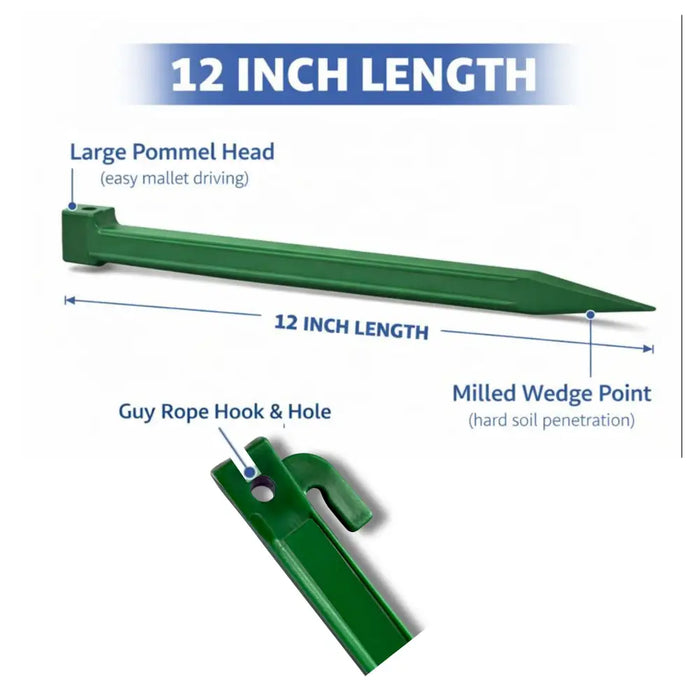 Heavy-Duty Plastic Garden Yard Stakes for Tents, Holiday Inflatables, Tarps, Trees, & Garden Edging with Milled Point, Guy Wire Hole, and Rope Hook 11.5” Green 10pk