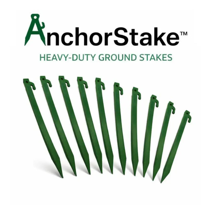 Heavy-Duty Plastic Garden Yard Stakes for Tents, Holiday Inflatables, Tarps, Trees, & Garden Edging with Milled Point, Guy Wire Hole, and Rope Hook 11.5” Green 10pk