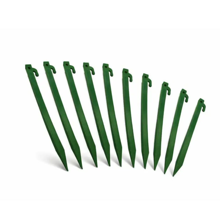 Heavy-Duty Plastic Garden Yard Stakes for Tents, Holiday Inflatables, Tarps, Trees, & Garden Edging with Milled Point, Guy Wire Hole, and Rope Hook 11.5” Green 10pk