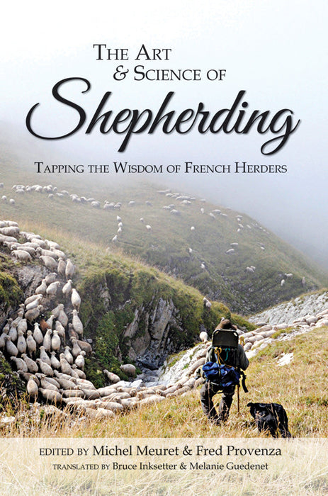 "The Art & Science of Shepherding" book cover. French shepherd, dog, and sheep flock on a misty mountain.