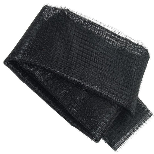 Black mesh fabric, folded. Durable garden netting, insect screen, bird barrier, or plant shade cloth.