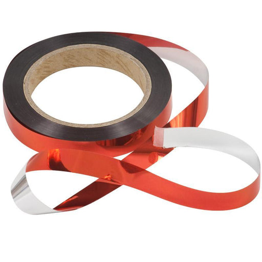 Red metallic ribbon on a spool with a shiny, reflective surface. Ideal for gift wrapping, crafts, and party decor.