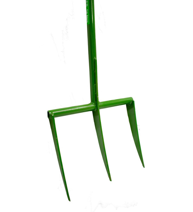 Green 3-tine garden fork with sharp tines for digging, cultivating soil, and aerating. Essential gardening tool.