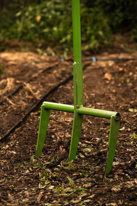 Green metal digging fork in dark garden soil with leaf litter and irrigation. Garden tilling tool.