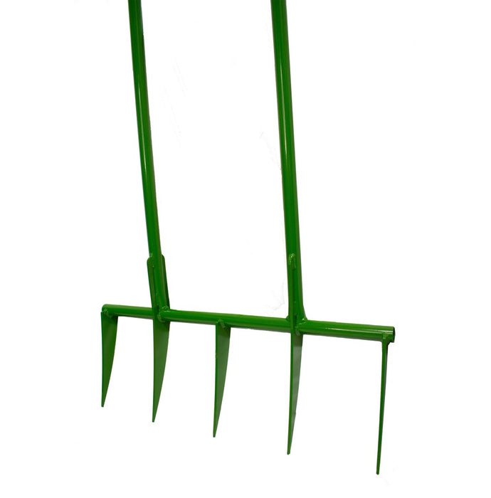 Green broadfork with multiple sharp tines, ideal for deep soil aeration and garden cultivation.