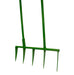 Green broadfork with multiple sharp tines, ideal for deep soil aeration and garden cultivation.